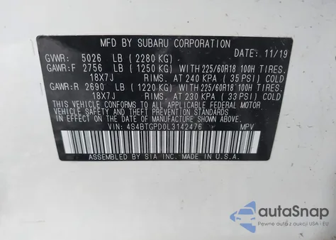 2020 Subaru Outback Touring Xt z USA, uszkodzony, nr VIN 4S4BTGPD0L3142476